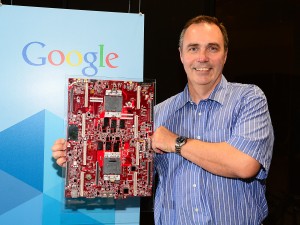 OPENPOWER FOUNDATION CHAIR GORDON MACKEAN OF GOOGLE DISPLAYS AN EARLY SYSTEM DESIGN ARCHITECTURE INCORPORATING IBM'S POWER PROCESSOR