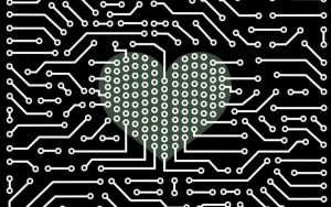Close up of computer circuit board and heart shape