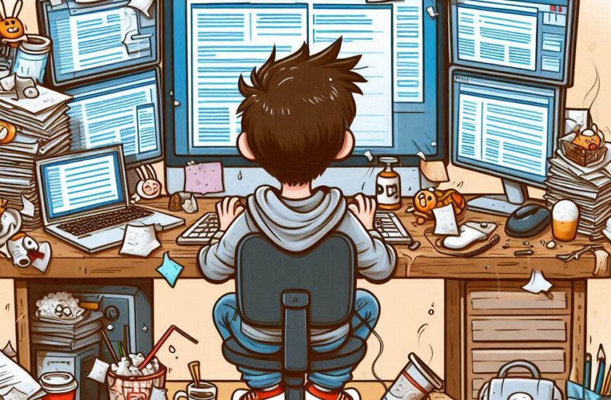 A cartoon of a person sitting at a desk with many computer screens Description automatically generated